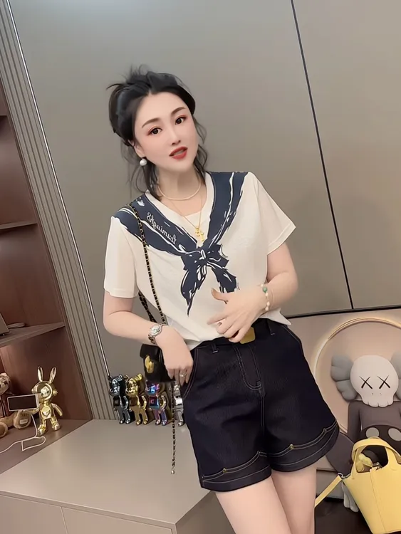 欧洲站2025夏季新款蝴蝶结印花短袖t恤女时尚洋气百搭套头上衣潮
