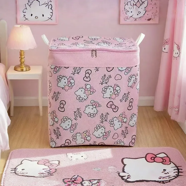 120升粉色hellokity收纳箱三层加厚装被子衣服收纳防水防潮可折叠