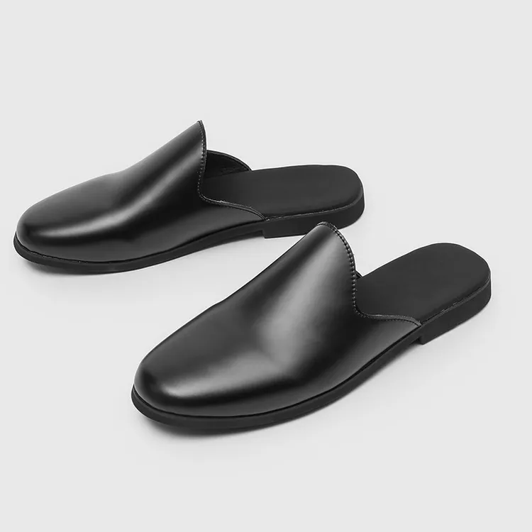 半拖鞋男夏季真皮大码45黑色简约穆勒慵懒一脚蹬46勃肯包头拖鞋潮