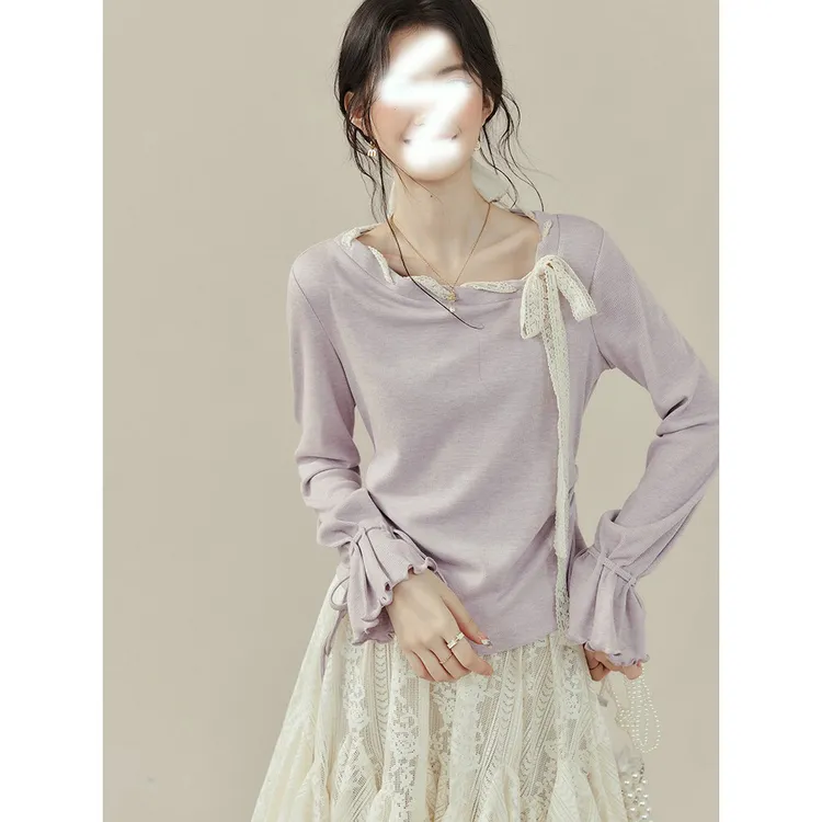 法式紫色蝴蝶结斜领长袖t恤女秋季打底内搭设计感纯欲喇叭袖上衣