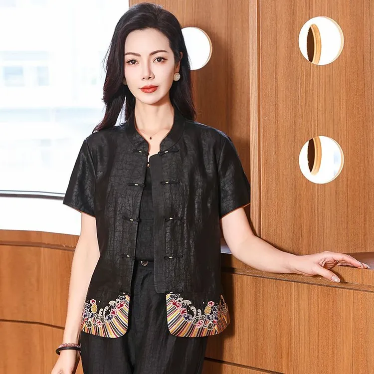 王小鸭短袖上衣女2025夏季新款高端优雅新中式国风衬衫中老年上衣