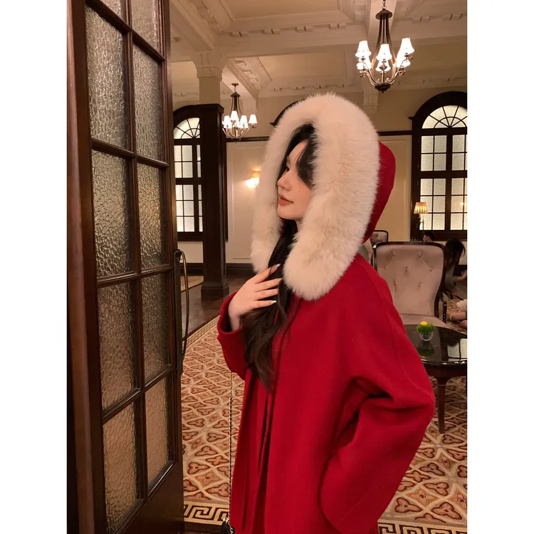 【小魔女】狐狸毛领双面羊毛大衣网红时尚气质长款连帽L