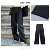 祝喜喜【罗马画报】加绒高腰皮裤运动休闲阔腿宽松黑色垂感ins皮裤