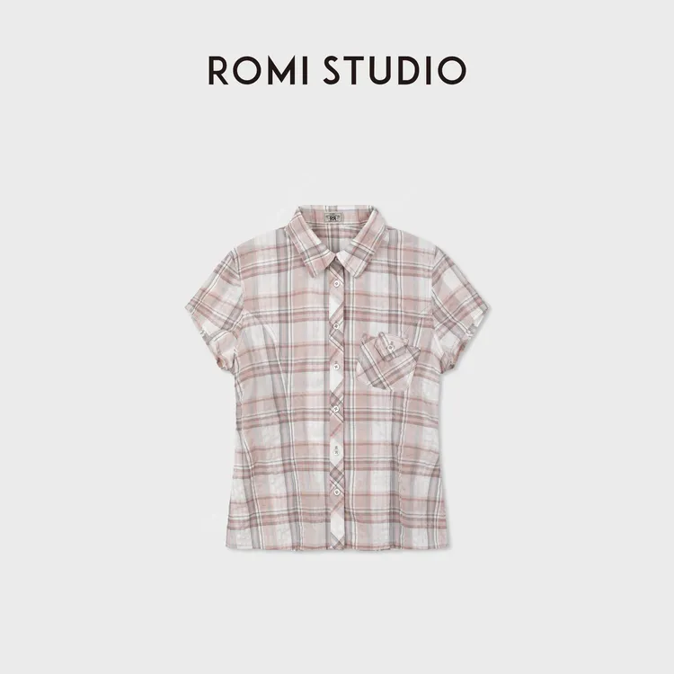 ROMI STUDIO色织格纹长绒棉T洗水做旧感小版短袖衬衫 RWDSSY2739