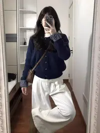 假两件藏蓝色针织开衫毛衣女春秋季新款韩系慵懒风短款开衫上衣