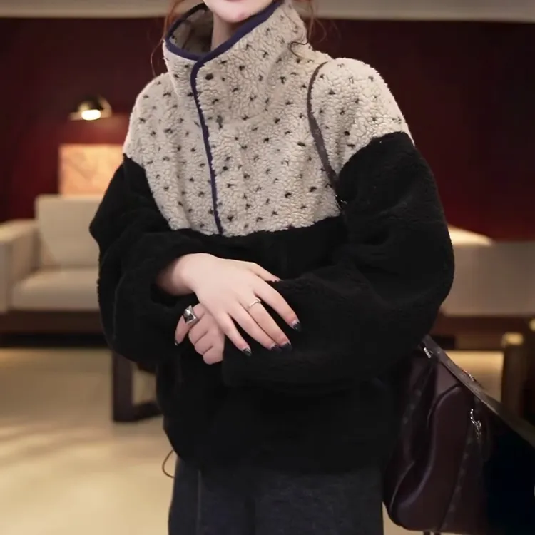 摇粒绒卫衣女秋冬款加厚保暖长袖外套宽松半排扣立领拼色套头上衣