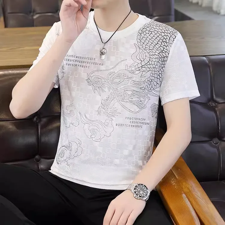 夏季冰丝提花短袖t恤男士速干上衣薄款夏天滑料体恤半袖男款帅气