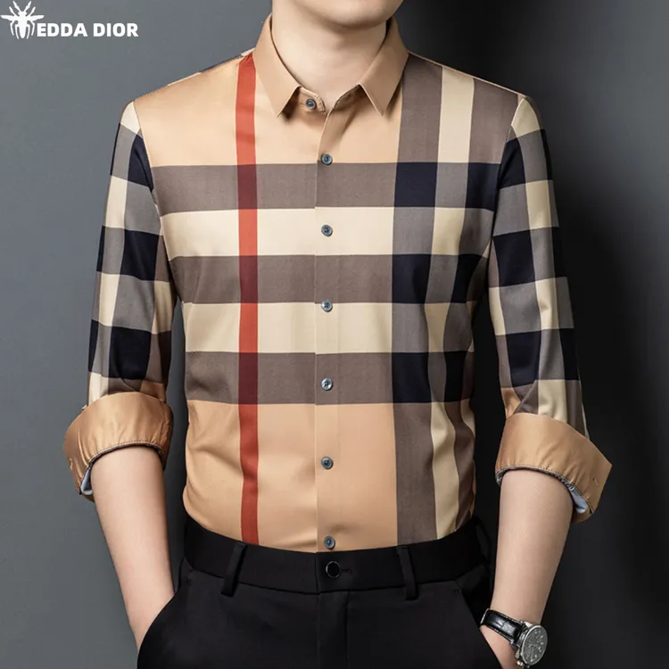 法国轻奢正品男士秋季含桑蚕丝透气格子长袖衬衫商务休闲百搭衬衣