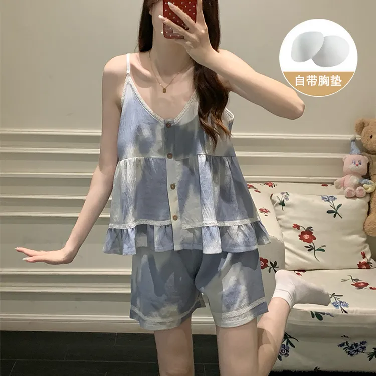 带胸垫夏季薄款纯欲吊带睡衣女2025新款甜美晕染高级感睡衣家居服