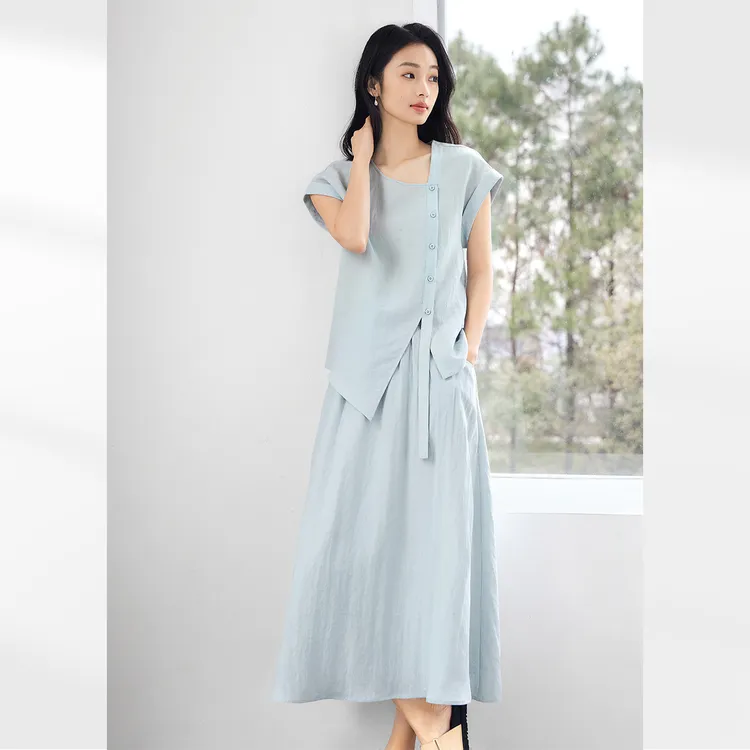 莱赛尔亚麻混纺衬衫套装裙女2025夏新款半裙欧若风穿搭一整套