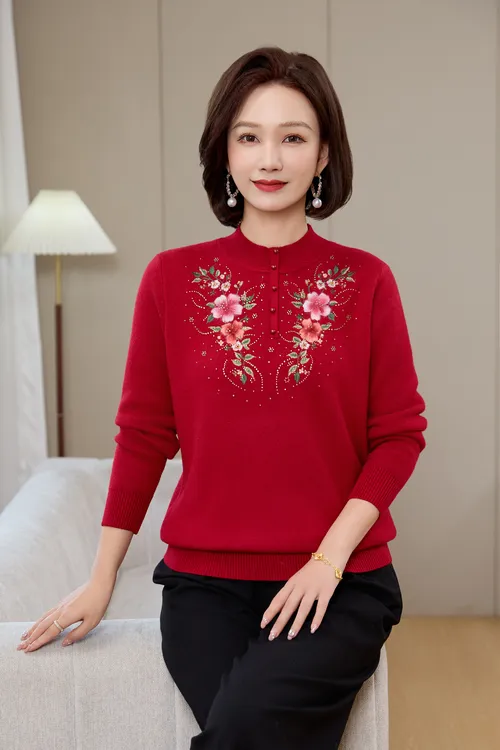 妈妈装中老年针织衫50-60加绒加厚半高秋冬毛衣喜婆婆穿时尚打底