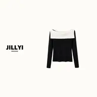 jillyi【黑白甜心】黑色一字领白色披肩针织衫秋季韩版时尚