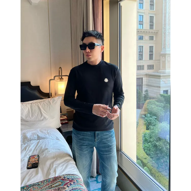 【玛雅长袖】小直领痞帅男装莫代尔打底上衣贴标绣半高领T恤李查德