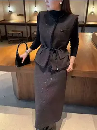 通勤休闲风时尚套装百搭长袖半裙显瘦设计师轻奢三件套694