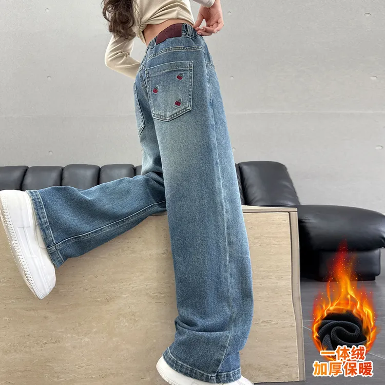 女童加绒牛仔裤秋冬季2025新款中大童直筒裤女孩阔腿裤一体绒裤子
