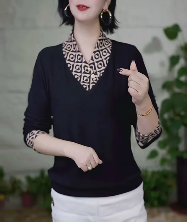 2025秋冬新款半高领加厚双面绒打底衫时尚减龄宽松拼接款长袖上衣