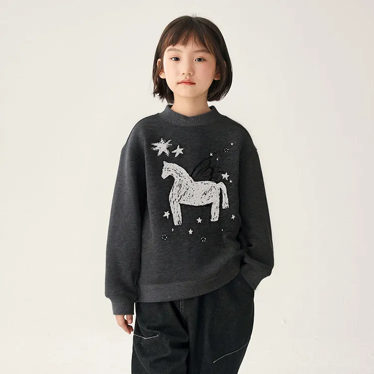 NNGZ设计师风儿童马年手绘印花加绒套头休闲百搭卫衣B25DW1300K
