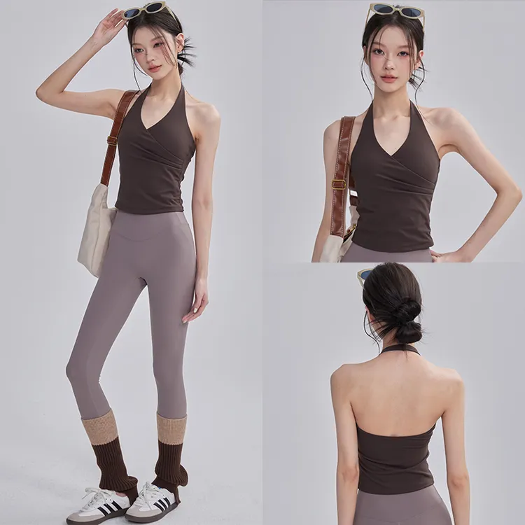 挂脖运动背心女带胸垫修身显瘦美背防震健身服跑步速干瑜伽服套装