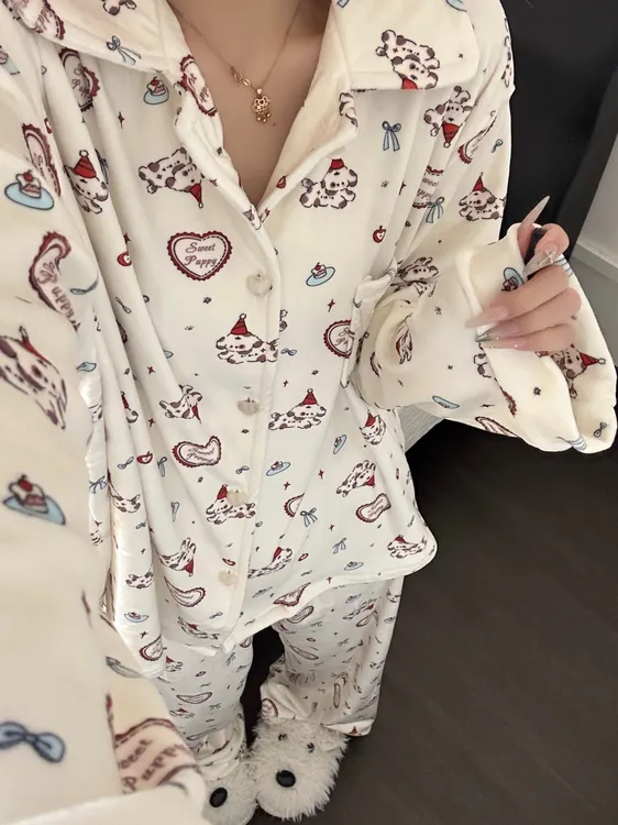 秋冬季保暖德绒睡衣女生套装甜美可爱加绒加厚翻领开衫宿舍家居服