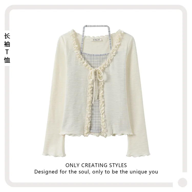 【现货】甜美捏褶花边假两件格子绑带内搭挂脖木耳边长袖T恤上衣女