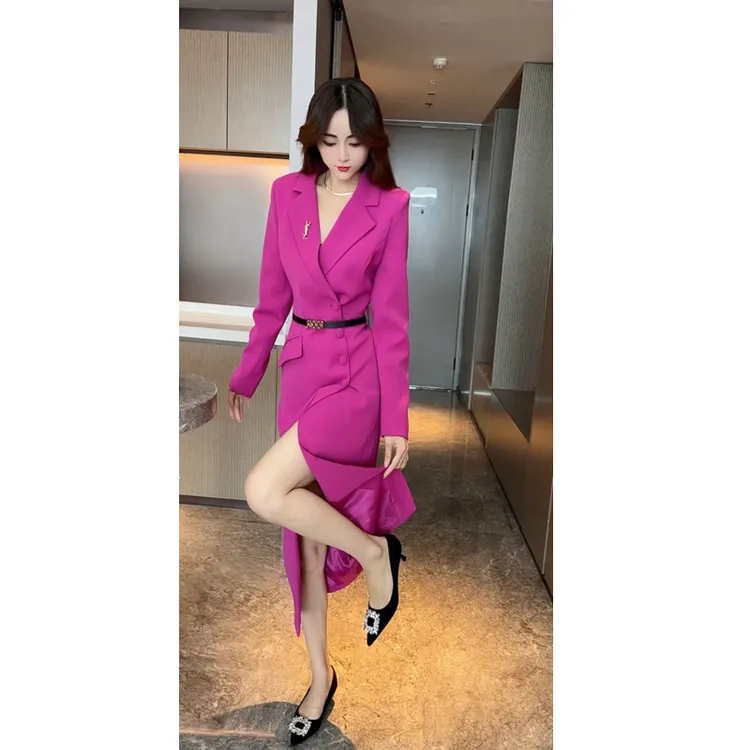 含腰带/名媛风气质洋气西装领连衣裙女中长款显瘦开衩裙子