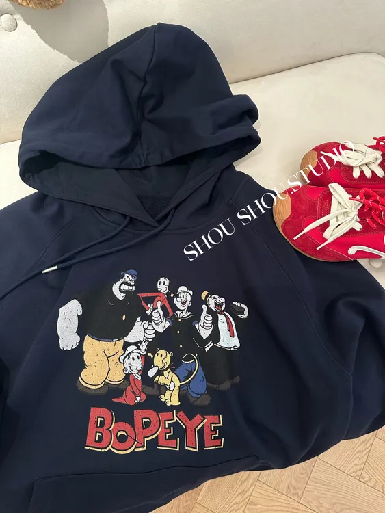【瘦瘦】BOPEYE-大码秋季连帽插肩袖卡通印花百搭宽松卫衣S01955