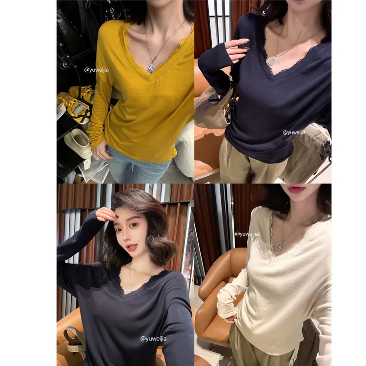 『GTYU』79%天丝17%羊毛 睫毛蕾丝拼接V领长袖打底衫女T恤设计感