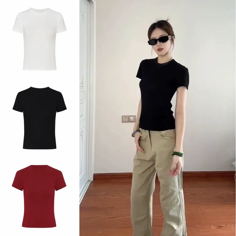 黑色正肩短袖t恤女夏季新款圆领修身显瘦设计感辣妹百搭休闲上衣