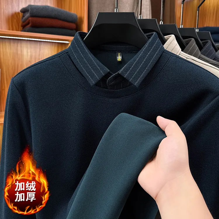 保暖针织衫加绒抗起球保暖毛衣上衣假两件衬衫领男士长袖休闲修身