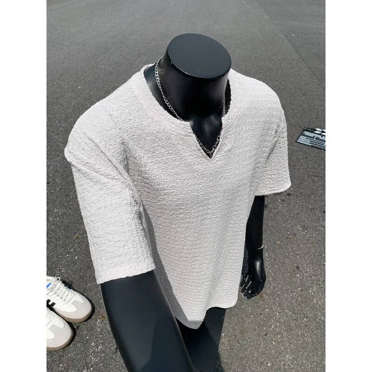 深灰色肌理感v领短袖男款夏季美式复古重磅高级感潮牌垂感半袖T恤