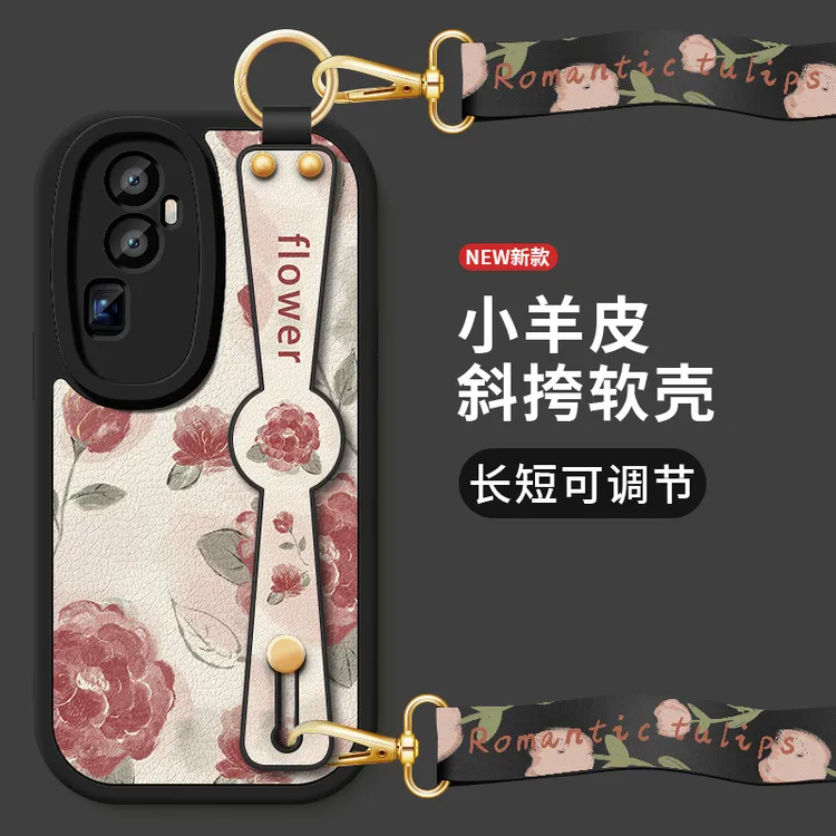 适用opporeno10手机壳reno10pro新款小羊皮黑色玫瑰斜跨腕带挂绳