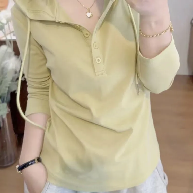 纯棉大码欧货连帽钮扣长袖T恤女2025夏季新款修身显瘦百搭上衣潮