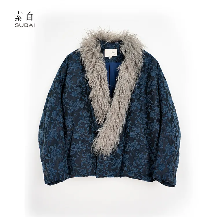 素白立体浮雕【蓝絮】R02065冬季高级感保暖毛领撞色鹅绒服