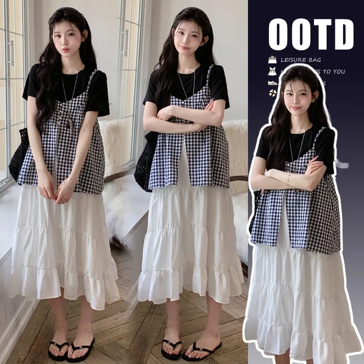 孕妇套装夏装2025新款时尚休闲显瘦假两件吊带裙黑色打底两件套