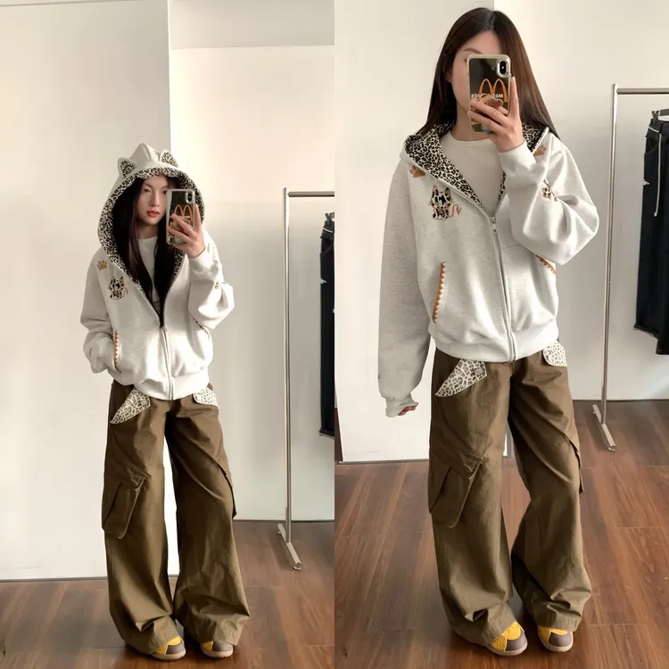 美式复古豹纹小恶魔刺绣连帽卫衣女秋冬新款宽松设计感情侣外套潮