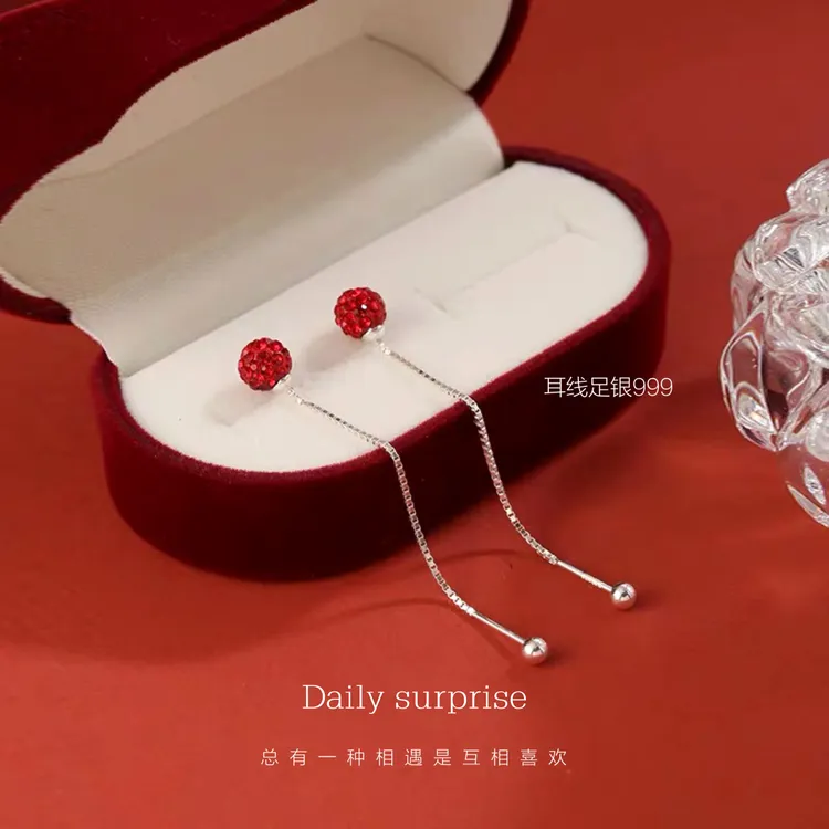 足银合成锆石耳饰 足银S999红色星河螺丝纹耳线 纯银耳饰养耳耳钉