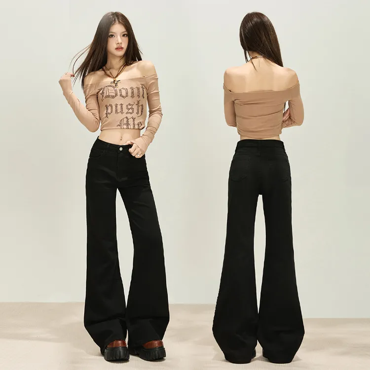 早秋新款年不贴腿微喇裤辣妹纯黑色显瘦弹力牛仔裤女喇叭裤