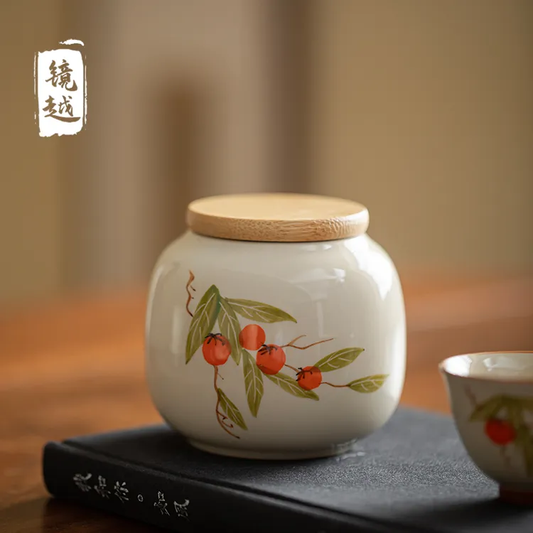 手绘柿子陶瓷茶叶罐创意迷你小茶仓防潮密封罐家用茶叶存储罐