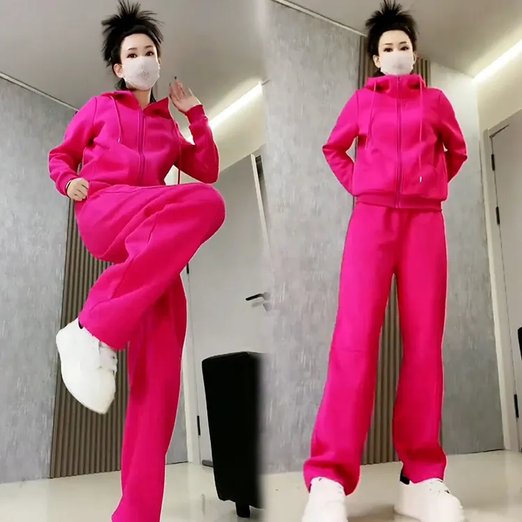 韩系高级感休闲运动服套装女2025时尚半拉链设计卫衣直筒裤两件套