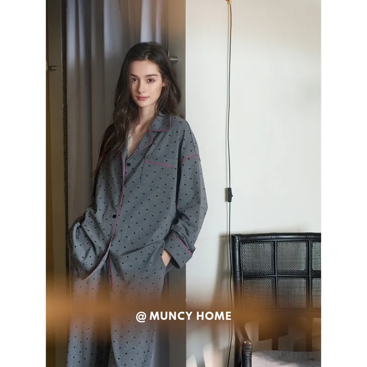 曼系“气质欧尼”长袖睡衣女春秋季撞色复古波点时髦韩系慵懒套装