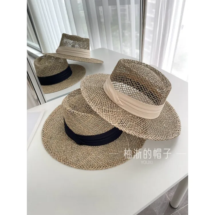 柚淅/夏天镂空透气平檐草帽出游度假拍照礼帽复古法式时尚咸草编