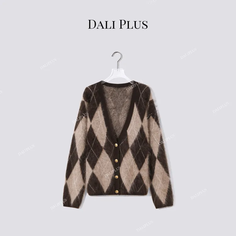 DALI PLUS“100桑蚕丝山羊绒针织”菱形格纹针织开衫-D5CH4834