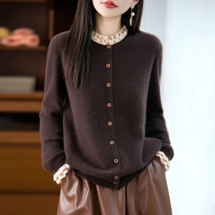 正品撤柜剪标羊毛衫花边假两件针织开衫秋冬新款减龄毛衣外套上衣