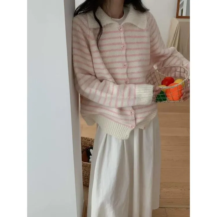 韩系复古条纹翻领针织开衫女2025秋冬新款宽松休闲慵懒风毛衣外套