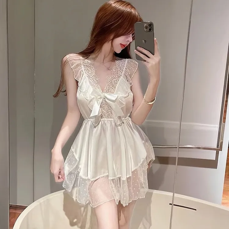 性感丝波点网纱睡衣甜美蝴蝶结吊带睡裙女式家居服套装蕾丝睡裙