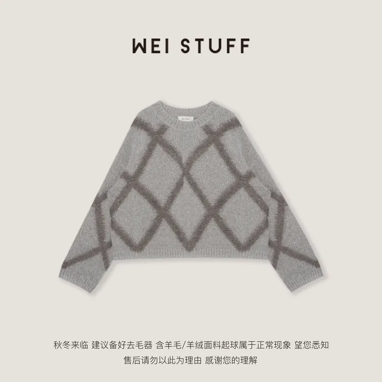 WEI STUFF“桑蚕云绒”复古慵懒风羊绒羊毛菱格大毛衣 10034.