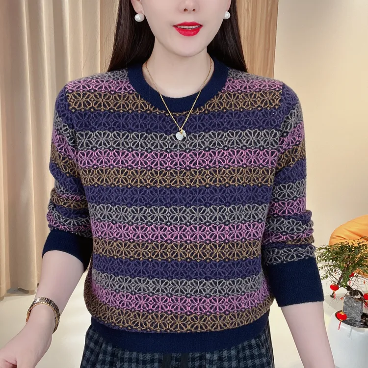 冬季新款加厚款时尚休闲圆领撞色提花条纹宽松百搭套头毛衣5677