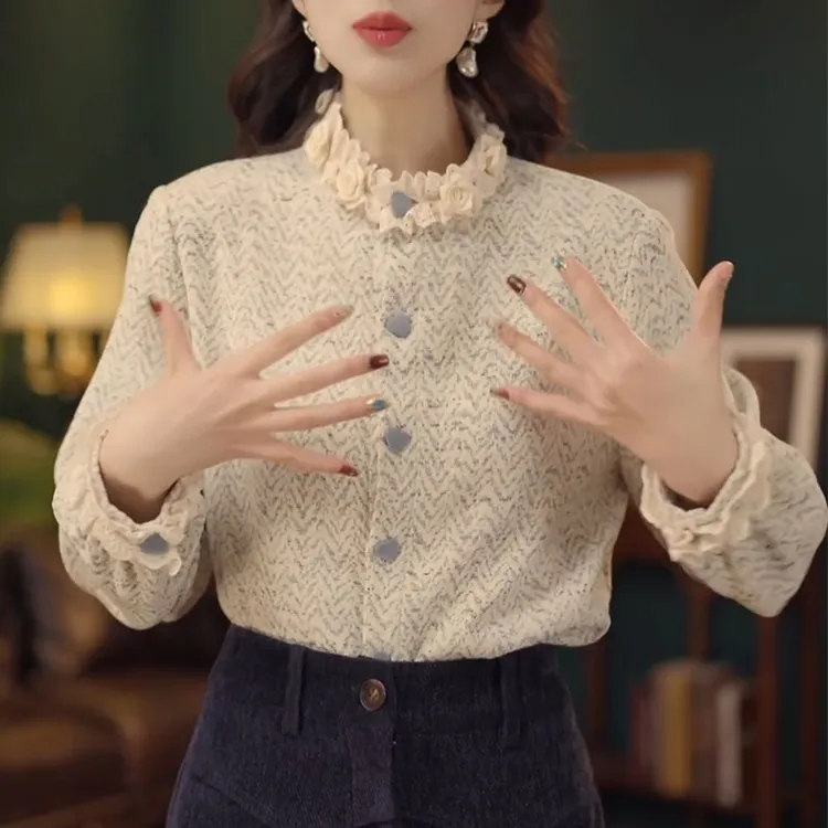复古港风气质花边领打底衫2025秋冬新款设计感百搭减龄休闲上衣女