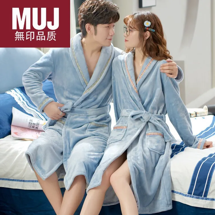 日本无印MUJ男睡袍情侣2025秋冬珊瑚绒浴袍女法兰绒加厚加绒中长