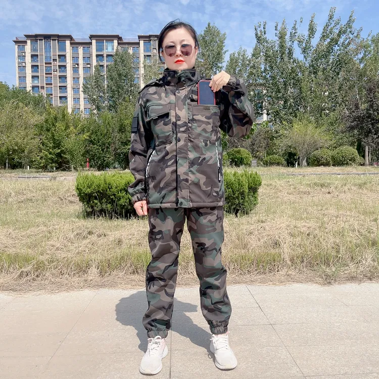 加厚保暖长绒迷彩工作服套装男女同款工地工装机修劳保服冲锋衣